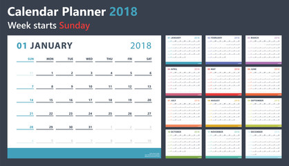 Calendar planner 2018, week starts sunday, vector design template