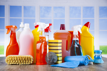 Cleaning supplies and window background