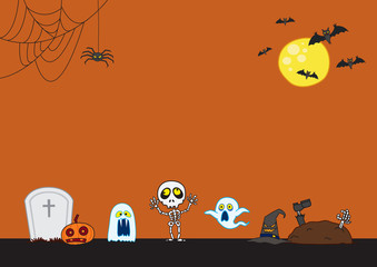 Halloween Background. Illustration. Flat Halloween Icons with Square Frame. Trick or Treat Concept. Ghost and Frankenstein, Orange Pumpkin and Spider Web, Skull and Crossbones.