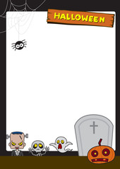 Halloween Background. Illustration. Flat Halloween Icons with Square Frame. Trick or Treat Concept. Ghost and Frankenstein, Orange Pumpkin and Spider Web, Skull and Crossbones.