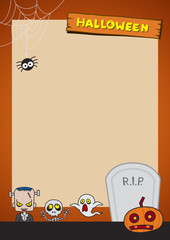 Halloween Background. Illustration. Flat Halloween Icons with Square Frame. Trick or Treat Concept. Ghost and Frankenstein, Orange Pumpkin and Spider Web, Skull and Crossbones.