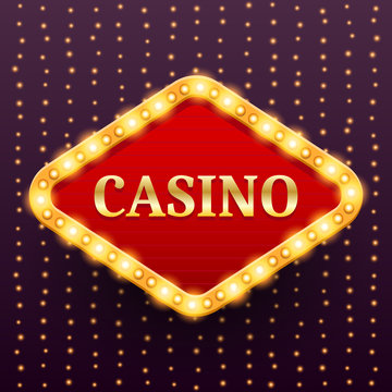 Casino luxury retro banner template with lightbulb glowing on garland lights