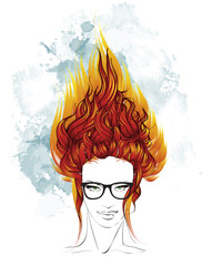 Fashion illustration. Hair style sketch. Indie girl with long fiery hair.