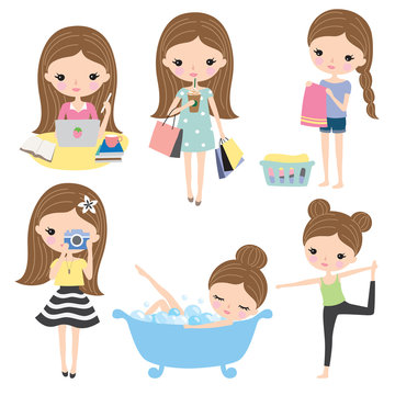 Vector illustration of girl or woman’s lifestyle including shopping, working, studying, doing laundry, doing yoga, pampering, taking bath.
