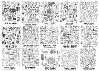 Rolgordijnen MEGA set of icon doodles of movie, hospital, summer, food, science, construction, bubble, banking, heart, data, tree, banner, hipster, sport, logistic eps10 © veekicl