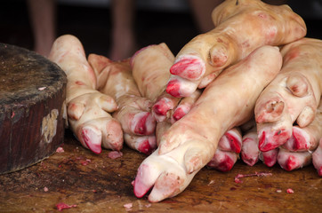 Fresh pork legs in moring market, Taipei, Taiwan.