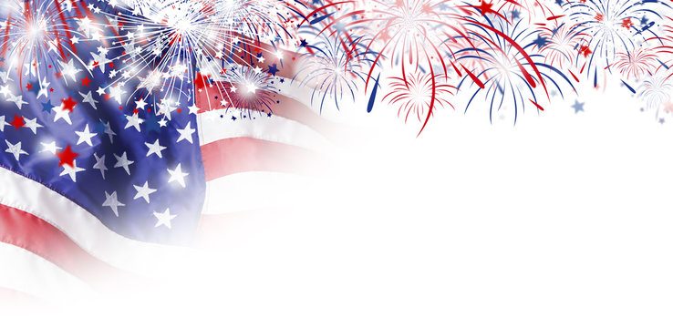 USA flag with firework on white background for 4 july independence day