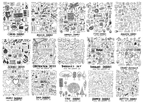 Naklejki MEGA set of icon doodles of movie, hospital, summer, food, science, construction, bubble, banking, heart, data, tree, banner, hipster, sport, logistic eps10