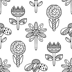 Vector hand drawn seamless pattern, decorative stylized black and white childish flowers. Doodle sketch style, graphic illustration, background. Ornamental cute hand drawing. Line drawing.