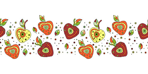 Seamless vector hand drawn childish pattern, border with fruits. Cute childlike cherry with leaves, seeds, drops. Doodle, sketch, cartoon style background. Line drawing Endless repeat swatch