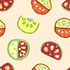 Seamless vector hand drawn childish pattern, border, with fruits. Cute childlike watermelon with leaves, seeds, drops. Doodle, sketch, cartoon style background. Endless repeat swatch