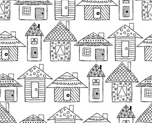 Vector hand drawn seamless pattern, decorative stylized black and white childish houses. Doodle sketch style, graphic illustration, background. Ornamental cute hand drawing. Line drawing. - 163106136