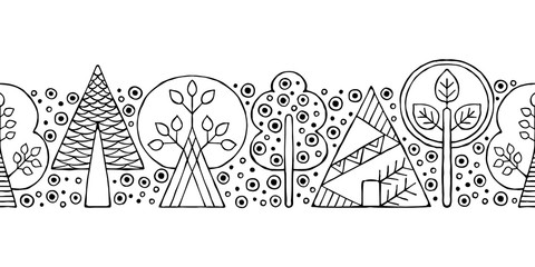 Vector Hand Drawn Seamless Border Pattern Decorative Stylized Black And White Childish Trees