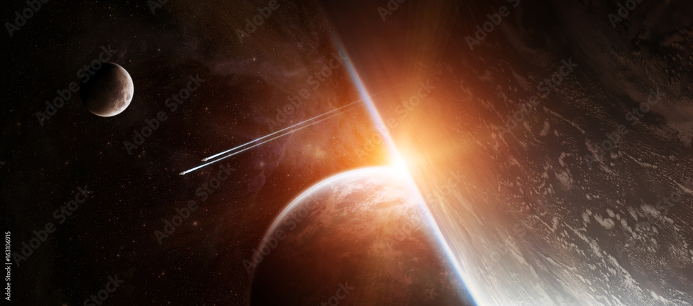 Canvas Prints sunrise over distant planet system in space 3d rendering elements of this image furnished by nasa