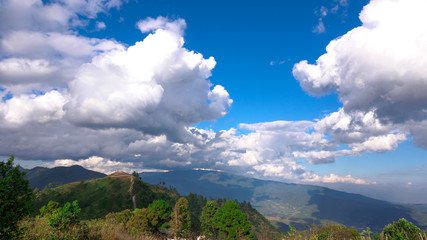 Landscape view of green mountains and blue sky with clouds at Thailand