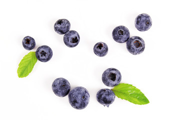 Fresh blueberry with leaf on white background