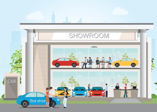 Modern car dealership showroom with reception customer service.