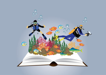 one scuba diver and one underwater photograher swimming over the live coral reef with fishes out of book, A vector illustration of a scuba diver diving in the ocean