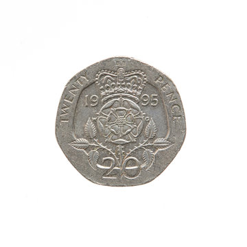 British twenty pence coin, 1995, coins of the world isolated on white background as a graphic resource.