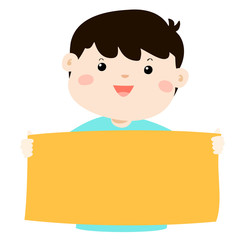 Cute boy holding blank banner vector.