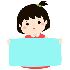 Cute girl holding blank banner vector.