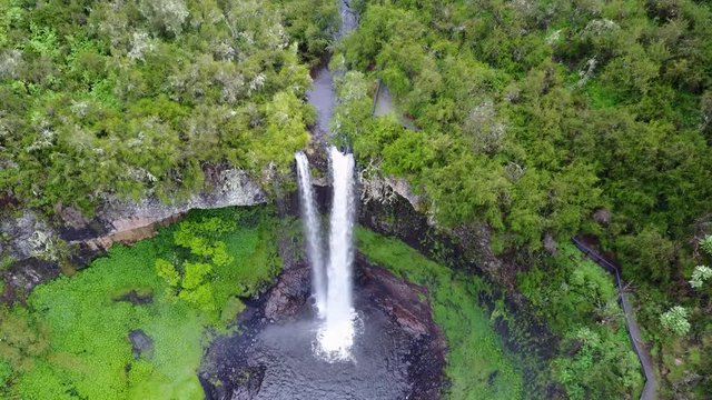 Waterfall in mountain river. Aerial drone footage. Aberdares National Park, Kenya