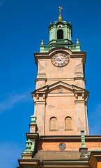 Storkyrkan, close-up photo of its tower. Stockholm