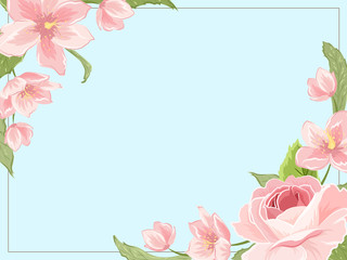 Border frame template corners decorated with pink rose magnolia sakura hellebore flowers on blue background. Horizontal landscape layout. Vector design illustration floral garland foliage element.