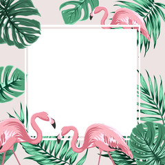 Exotic tropical border frame template with bright green jungle palm tree monstera leaves and pink flamingo birds. Square promo banner layout. Summer sale promo poster. Vector design illustration. © imaginarybo