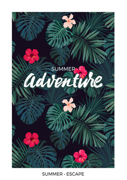 Tropical vector postcard design with bright hibiscus flowers, exotic palm leaves and lettering on dark background.