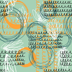 Dynamic multicolored background with hand drawn elements. Seamless vector pattern.