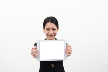 Businesswoman holding tablet in hands isolated on white background.