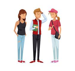 Fototapeta premium colorful women students standing and boy with hairstyle in fashion style clothes