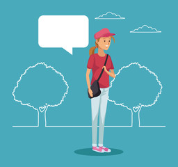 blue scene with silhouette landscape and colorful girl student standing with dialog box