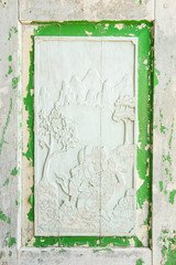 Old destried white color wooden window with  green color frame