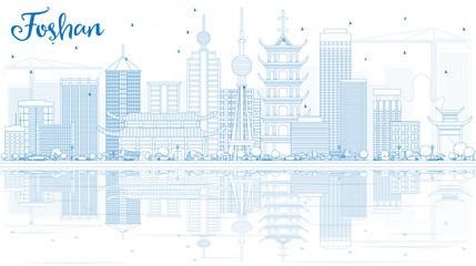 Fototapeta premium Outline Foshan Skyline with Blue Buildings and Reflections.