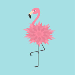 Pink flamingo standing on one leg. Flower body. Exotic tropical bird. Zoo animal collection. Cute cartoon character. Decoration element. Flat design. Blue background. Isolated.