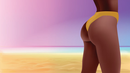 Perfect black woman ass and legs in yellow panties on a glamourous beach background, vector eps10 illustration