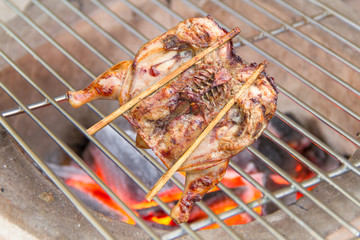 Chicken grilled on charcoal grills