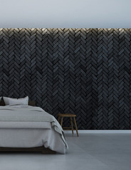 The minimal bedroom interior design 3d rendering and black brick wall texture