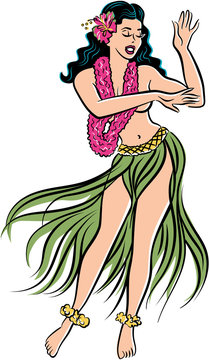 Retro pop art Hawaiian Hula girl dancing in a grass skirt