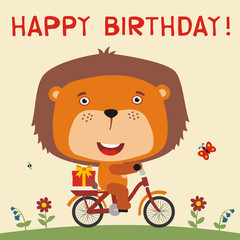 Happy birthday! Cute lion rides on bike with birthday gift. Card for birthday with little lion in cartoon style.
