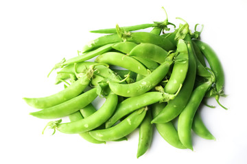 green pea pod, green peas, white background
