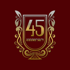 Forty fifth anniversary vintage logo symbol. Golden emblem with numbers on shield in wreath.