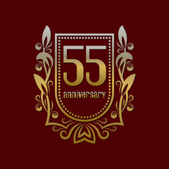 Fifty fifth anniversary vintage logo symbol. Golden emblem with numbers on shield in wreath.