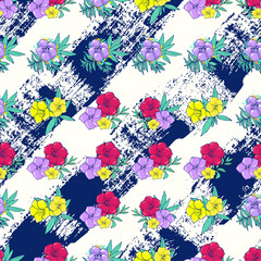 Exotic colorful flowers on a white-blue background with stripes