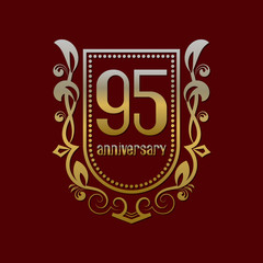 Fototapeta na wymiar Ninety fifth anniversary vintage logo symbol. Golden emblem with numbers on shield in wreath.