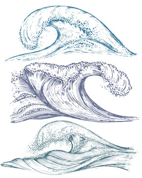 Set of hand drawn sea waves in sketch style