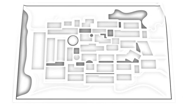 Animazione, Illustrazione 3D. Mappa stradale. Citt&agrave;, grattacieli e case posizionati sulla mappa..