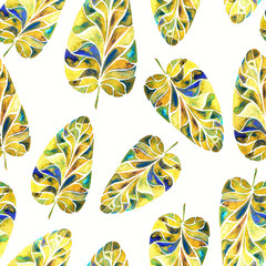 Fototapeta na wymiar Seamless pattern with beautiful pearl tropical leaves on white background. Watercolor painting